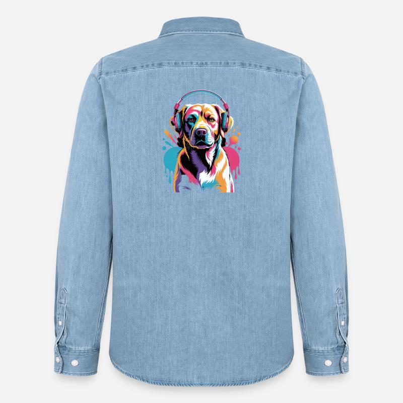 Labrador mit Kopfhörer - Männer Jeanshemd Organic von Stanley/Stella - verwaschenes Hellblau