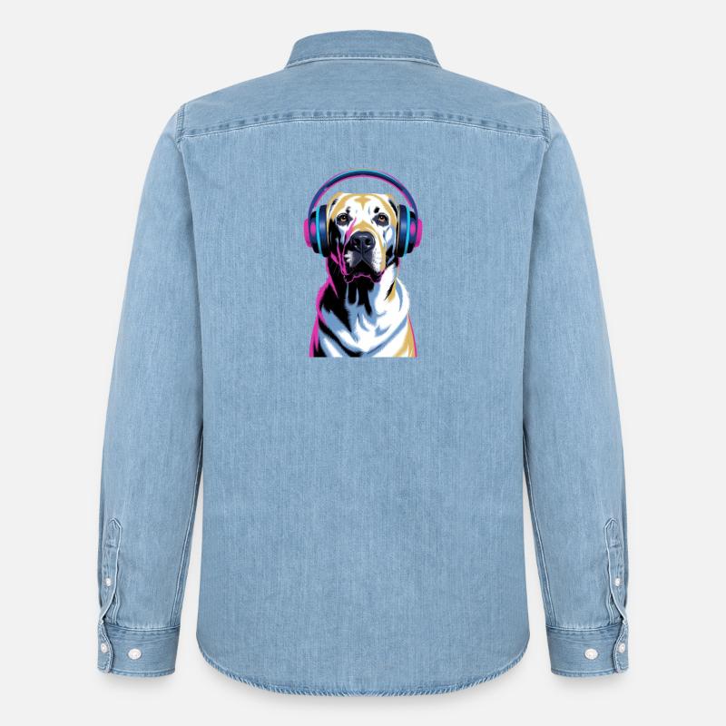 Labrador mit Kopfhörern - Männer Jeanshemd Organic von Stanley/Stella - verwaschenes Hellblau