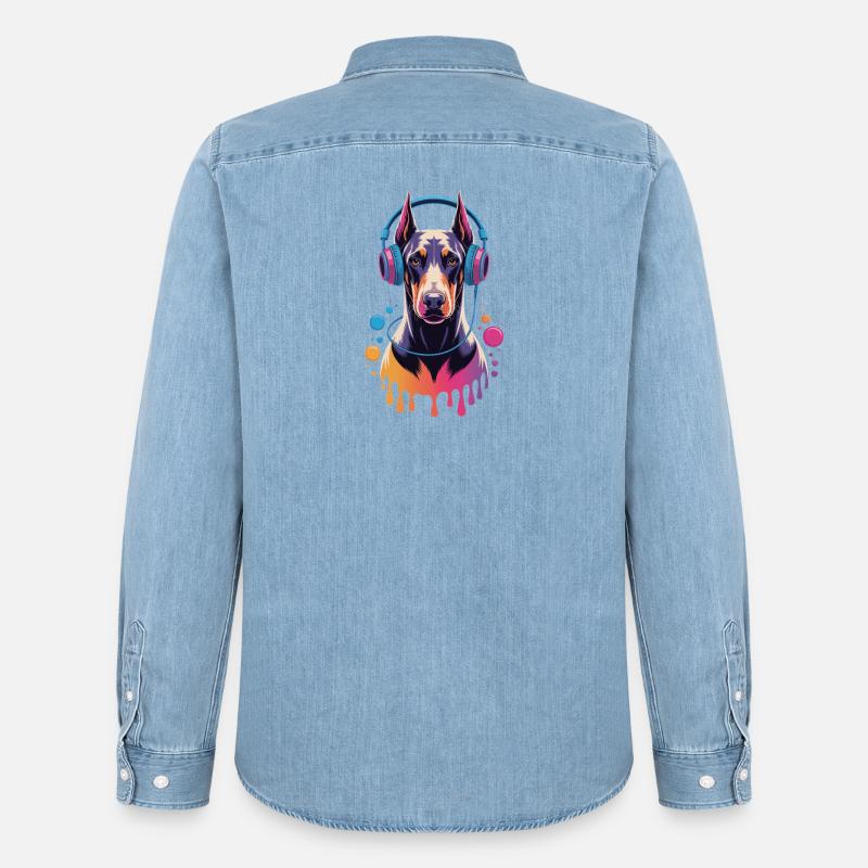 Dobermann mit Kopfhörern - Männer Jeanshemd Organic von Stanley/Stella - verwaschenes Hellblau