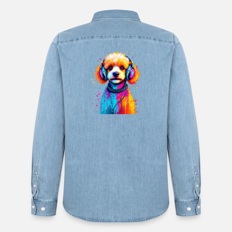 Pudel Welpe mit Kopfhörer - Männer Jeanshemd Organic von Stanley/Stella - verwaschenes Hellblau
