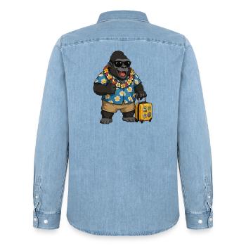 Urlaubs Gorilla Hawaii Hemd - Männer Jeanshemd Organic von Stanley/Stella - verwaschenes Hellblau - Hinten - AI Model Male 185 light (185cm)