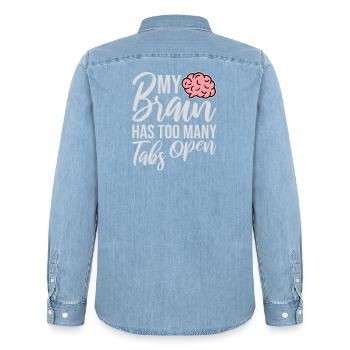 My Brain Has Too Many Tabs Open Lustig Grübeln - Men’s Organic Denim Shirt by Stanley/Stella - light wash - Back - AI Model Male 185 light (185cm)
