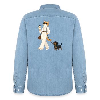 Stylish cat with dachshund during coffee walk - Men’s Organic Denim Shirt by Stanley/Stella - light wash - Back - AI Model Male 185 light (185cm)