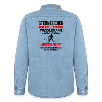 Wassermann Sternzeichen Horoskop Aszendent Perfekt - Männer Jeanshemd Organic von Stanley/Stella - verwaschenes Hellblau - Hinten - AI Model Male 185 light (185cm)