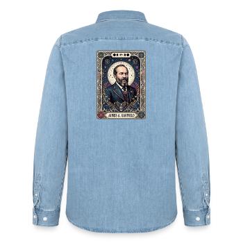James A Tarotkarte - Männer Jeanshemd Organic von Stanley/Stella - verwaschenes Hellblau - Hinten - AI Model Male 185 light (185cm)