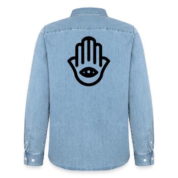 main de Fatma Hamsa - Chemise en denim homme bio Stanley/Stella - bleu clair délavé - Dos - AI Model Male 185 light (185cm)