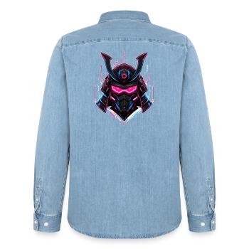 Casque de samouraï néon - Chemise en denim homme bio Stanley/Stella - bleu clair délavé - Dos - AI Model Male 185 light (185cm)