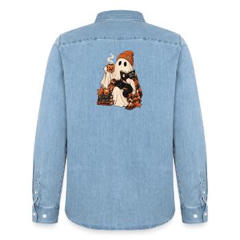  Gemütlicher Geist Liest Buch Schwarze Katze - Männer Jeanshemd Organic von Stanley/Stella - verwaschenes Hellblau - Hinten - AI Model Male 185 light (185cm)