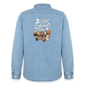 Allerheiligentag Katholischer Heiliger Feiertag - Männer Jeanshemd Organic von Stanley/Stella - verwaschenes Hellblau - Hinten - AI Model Male 185 light (185cm)