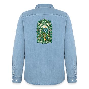 Irland | Kleeblatt, Harfe & Kelten - Männer Jeanshemd Organic von Stanley/Stella - verwaschenes Hellblau - Hinten - AI Model Male 185 light (185cm)
