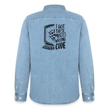 Ich habe diese Muskeln beim Code-Programmieren bekommen - Männer Jeanshemd Organic von Stanley/Stella - verwaschenes Hellblau - Hinten - AI Model Male 185 light (185cm)