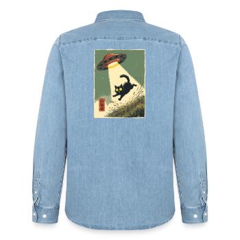 Katze UFO Entführung Japanisch Retro Alien - Männer Jeanshemd Organic von Stanley/Stella - verwaschenes Hellblau - Hinten - AI Model Male 185 light (185cm)