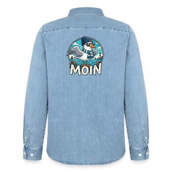 Moin Küsten-Seemöwe mit Schal & Mütze - Männer Jeanshemd Organic von Stanley/Stella - verwaschenes Hellblau - Hinten - AI Model Male 185 light (185cm)