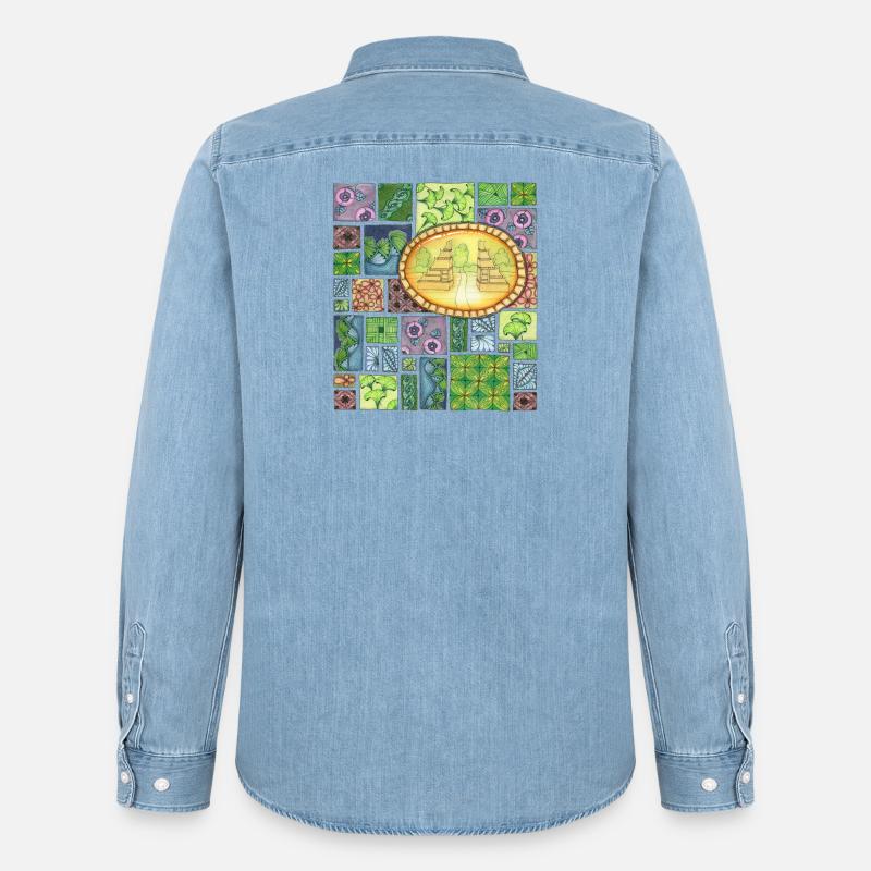 Bali temple on pattern patchwork - Männer Jeanshemd Organic von Stanley/Stella - verwaschenes Hellblau