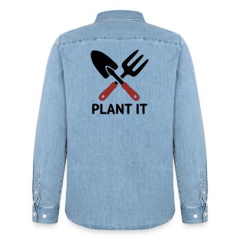 Garden Tool Plant It Logo - Men’s Organic Denim Shirt by Stanley/Stella - light wash - Back - AI Model Male 185 light (185cm)