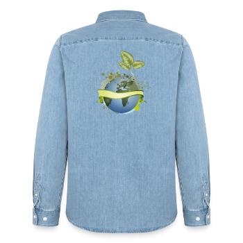Samenkorn in der Erde entfaltet sich mit Banner - Männer Jeanshemd Organic von Stanley/Stella - verwaschenes Hellblau - Hinten - AI Model Male 185 light (185cm)