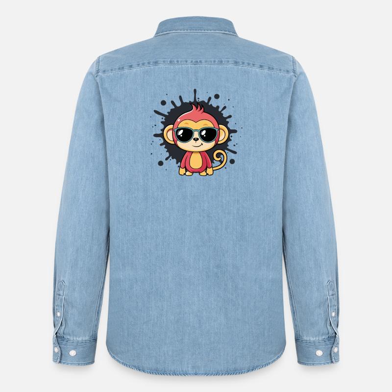Monkey Chic Splash schwarze Brille - Männer Jeanshemd Organic von Stanley/Stella - verwaschenes Hellblau