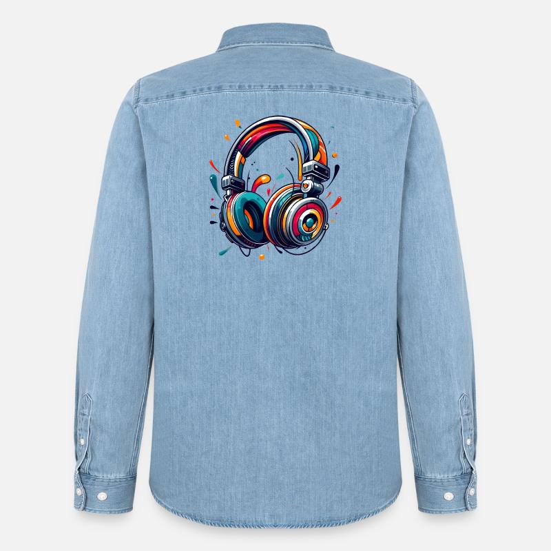 Kopfhörer im dynamischem, abstraktem Kunststil - Männer Jeanshemd Organic von Stanley/Stella - verwaschenes Hellblau
