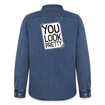 You Look Pretty Funny Complement Self Love Logo - Men’s Organic Denim Shirt by Stanley/Stella - mid washy  - Back - AI Model Male 185 light (185cm)