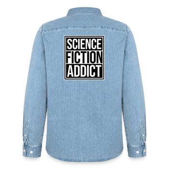 Science Fiction Addict Sci Fi Liebhaber Zitat Text - Männer Jeanshemd Organic von Stanley/Stella - verwaschenes Hellblau - Hinten - AI Model Male 185 light (185cm)