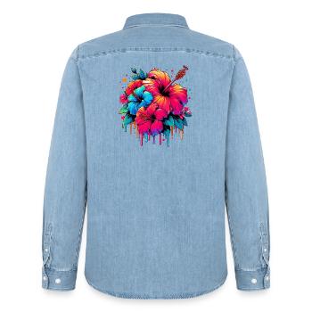 Hibiskusblüten - Männer Jeanshemd Organic von Stanley/Stella - verwaschenes Hellblau - Hinten - AI Model Male 185 light (185cm)