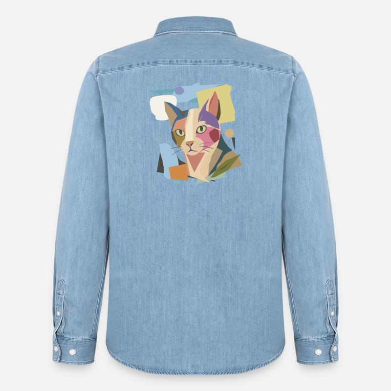 Abstrakte Katze im modernen Farbblock-Design - Männer Jeanshemd Organic von Stanley/Stella - verwaschenes Hellblau