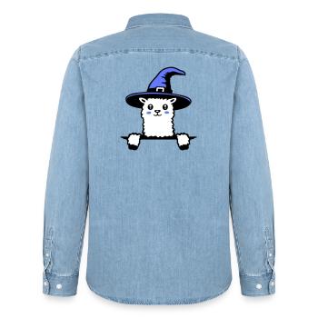 Llama Wizard Cute Look Magical Witch Hat Cute - Men’s Organic Denim Shirt by Stanley/Stella - light wash - Back - AI Model Male 185 light (185cm)