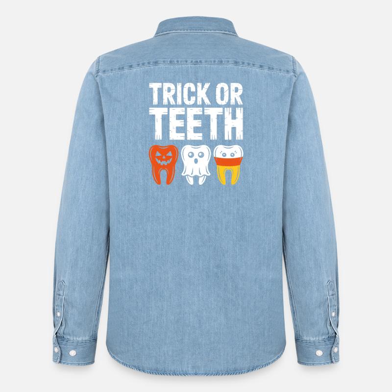 Trick oder Teeth Halloween-Trio - Männer Jeanshemd Organic von Stanley/Stella - verwaschenes Hellblau