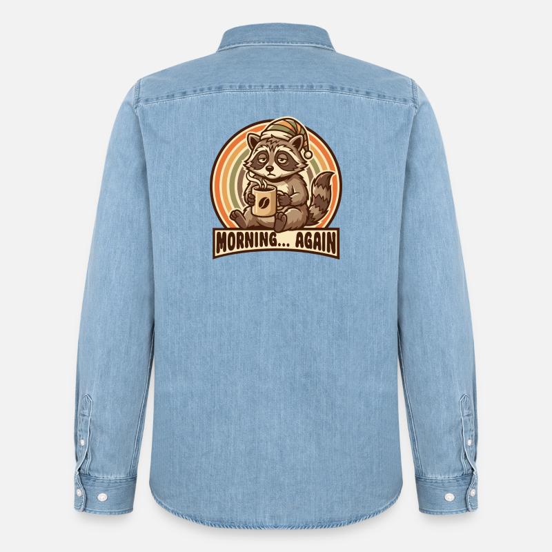 Morgenmuffel Waschbär mit Kaffee - Männer Jeanshemd Organic von Stanley/Stella - verwaschenes Hellblau