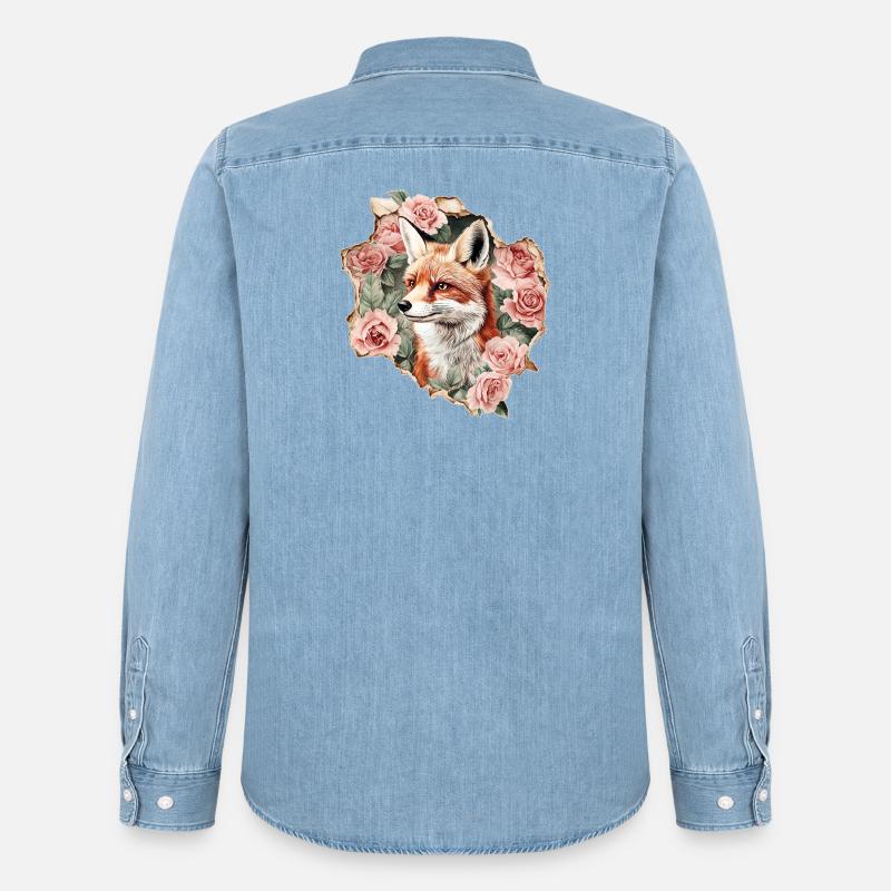 Volpe con rose - Camicia in denim uomo bio di Stanley/Stella - azzurro chiaro slavato
