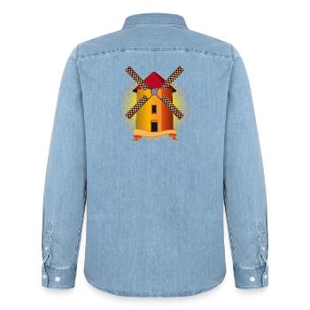 golden windmill with a shining background - Men’s Organic Denim Shirt by Stanley/Stella - light wash - Back - AI Model Male 185 light (185cm)