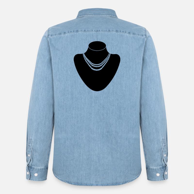 Juwelier-Halsständer mit Halskette Perlen - Männer Jeanshemd Organic von Stanley/Stella - verwaschenes Hellblau
