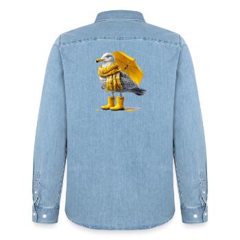 Seagull with yellow umbrella and boots - Men’s Organic Denim Shirt by Stanley/Stella - light wash - Back - AI Model Male 185 light (185cm)