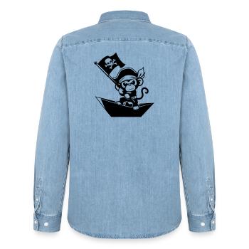 Pirate monkey in paper boat - Men’s Organic Denim Shirt by Stanley/Stella - light wash - Back - AI Model Male 185 light (185cm)