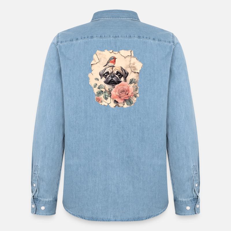 Mops mit Rotkehlchen - Männer Jeanshemd Organic von Stanley/Stella - verwaschenes Hellblau