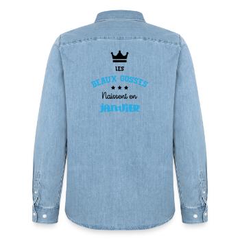 Cadeau naissance bébé garçon Janvier Beaux Gosses - Chemise en denim homme bio Stanley/Stella - bleu clair délavé - Dos - AI Model Male 185 light (185cm)