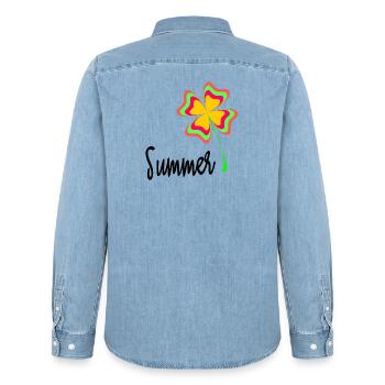 HOLIDAY. HAPPY HOLIDAYS. MISTRESS. MASTER. TEACHER - Men’s Organic Denim Shirt by Stanley/Stella - light wash - Back - AI Model Male 185 light (185cm)