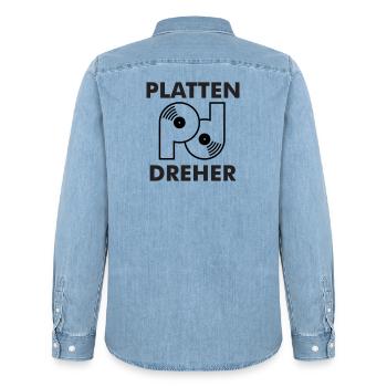 Plate turner logo with lettering - Men’s Organic Denim Shirt by Stanley/Stella - light wash - Back - AI Model Male 185 light (185cm)