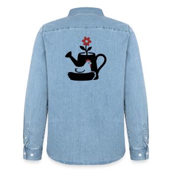 Watering Can Chicken Nest Graphic - Men’s Organic Denim Shirt by Stanley/Stella - light wash - Back - AI Model Male 185 light (185cm)