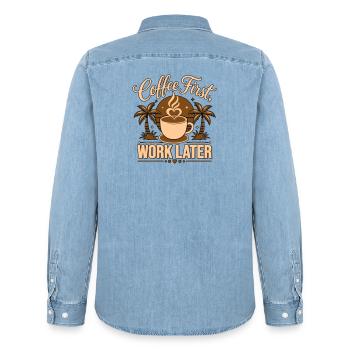 Coffee First, Work Later – Powered by Caffeine - Men’s Organic Denim Shirt by Stanley/Stella - light wash - Back - AI Model Male 185 light (185cm)