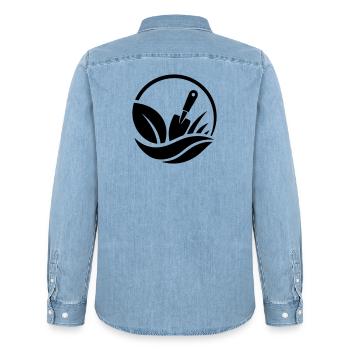 Gardener Shovel Plants Garden Motif - Men’s Organic Denim Shirt by Stanley/Stella - light wash - Back - AI Model Male 185 light (185cm)