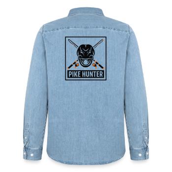 Pike Jaeger Coat of Arms Logo - Men’s Organic Denim Shirt by Stanley/Stella - light wash - Back - AI Model Male 185 light (185cm)