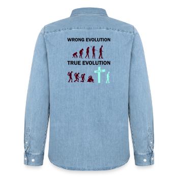 Evolution to the Cross: Faith Wins - Men’s Organic Denim Shirt by Stanley/Stella - light wash - Back - AI Model Male 185 light (185cm)