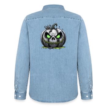 Citrouille zombie sinistre aux yeux verts - Chemise en denim homme bio Stanley/Stella - bleu clair délavé - Dos - AI Model Male 185 light (185cm)