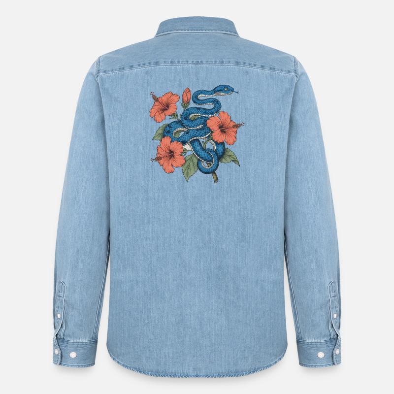 Serpente Azzurro tra l'ibisco - Camicia in denim uomo bio di Stanley/Stella - azzurro chiaro slavato
