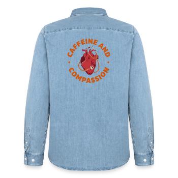 Caffeine and Compassion - Chemise en denim homme bio Stanley/Stella - bleu clair délavé - Dos - AI Model Male 185 light (185cm)