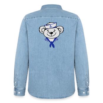 ours avec un chapeau de marin et un foulard marin - Chemise en denim homme bio Stanley/Stella - bleu clair délavé - Dos - AI Model Male 185 light (185cm)