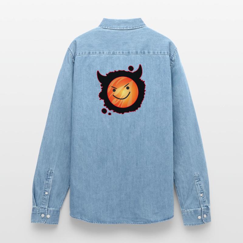 cute devil in flames and glowing face Men’s Organic Denim Shirt by Stanley/Stella