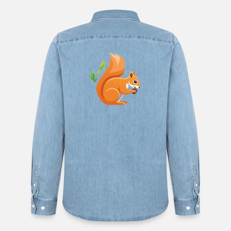 Verspielter Eichhörnchen-Print mit Blättern - Männer Jeanshemd Organic von Stanley/Stella - verwaschenes Hellblau