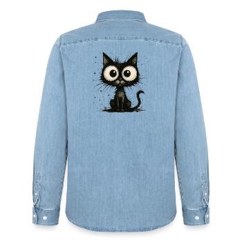 Funny black cat with big eyes – splash - Men’s Organic Denim Shirt by Stanley/Stella - light wash - Back - AI Model Male 185 light (185cm)